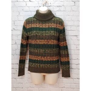 Hukapoo Vintage Women's Size Medium Green/Brown/Tan Knit Turtleneck Sweater